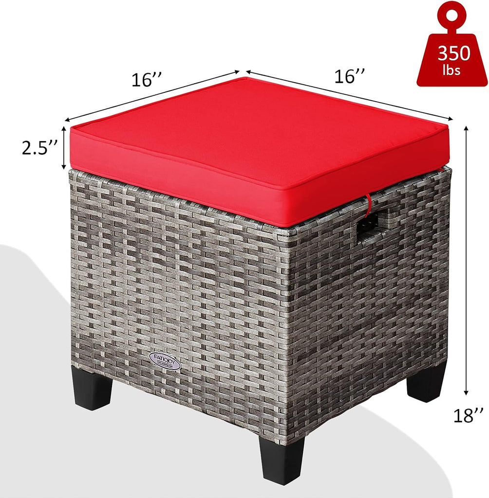 Patio Ottoman Set of 2, Outdoor Rattan Wicker Ottoman Seat with Removable Cushions, Patio Furniture Footstool