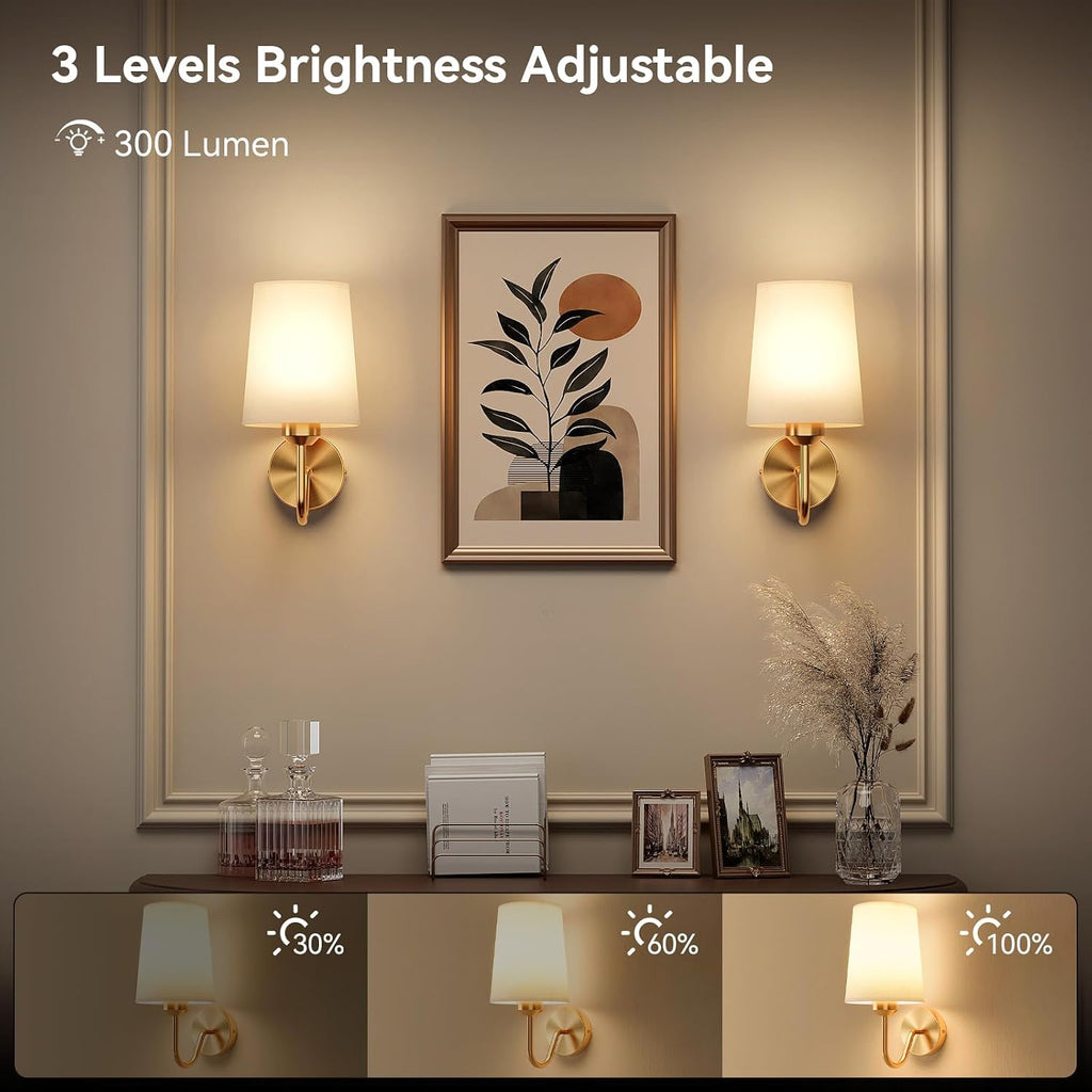 Battery Operated Wall Sconces Set of 2, Wireless Rechargeable Dimmable Wall Light with RGB Bulb and Remote for Bedroom, Living Room, Hallway (Gold)