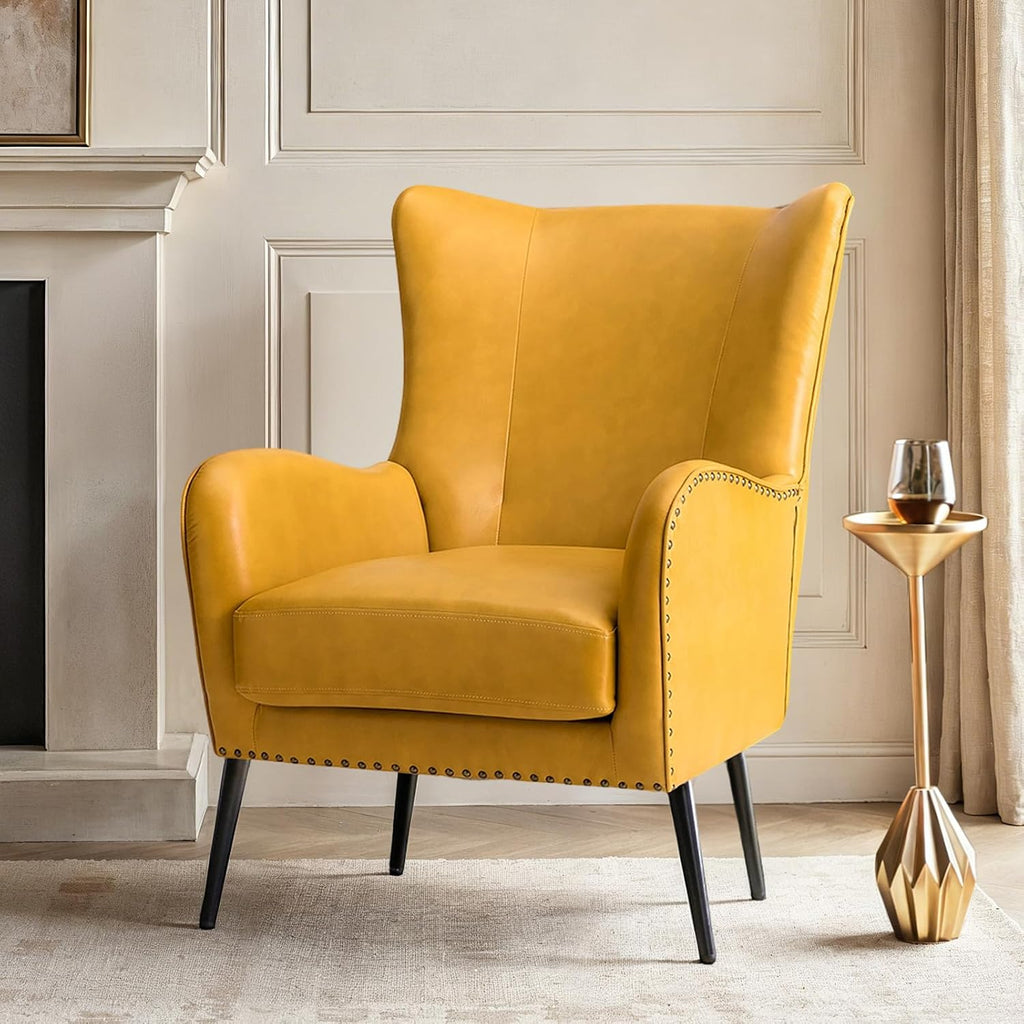 Upholstered Faux Leather Accent Chair with Black Metal Legs, Comfy Armchair with Removable Cushion & Nailhead Trim