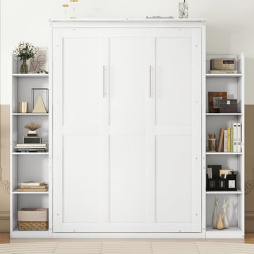 Full Murphy Bed, Wooden Full Murphy Wall Bed with Shelves and LED Lights, White