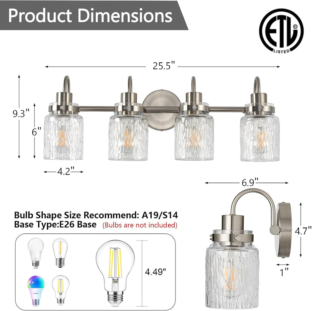 4 Lights Bathroom Vanity Light, Brushed Nickel Bathroom Light Fixtures with Hammered Glass Lampshade for Dressing