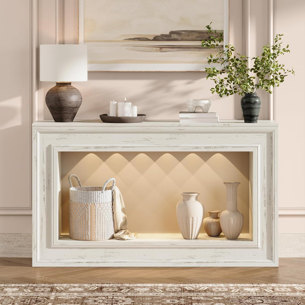 55" Long Console Tables with LED Lights, Narrow Console Tables , 2-Tier Table Behind The Sofa, Modern Hallway Accent