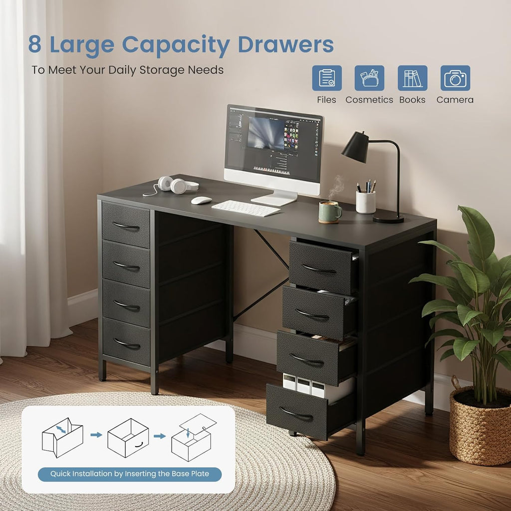47 Inch Computer Desk with 8 Fabric Drawers, Office Gaming Desk with Storage