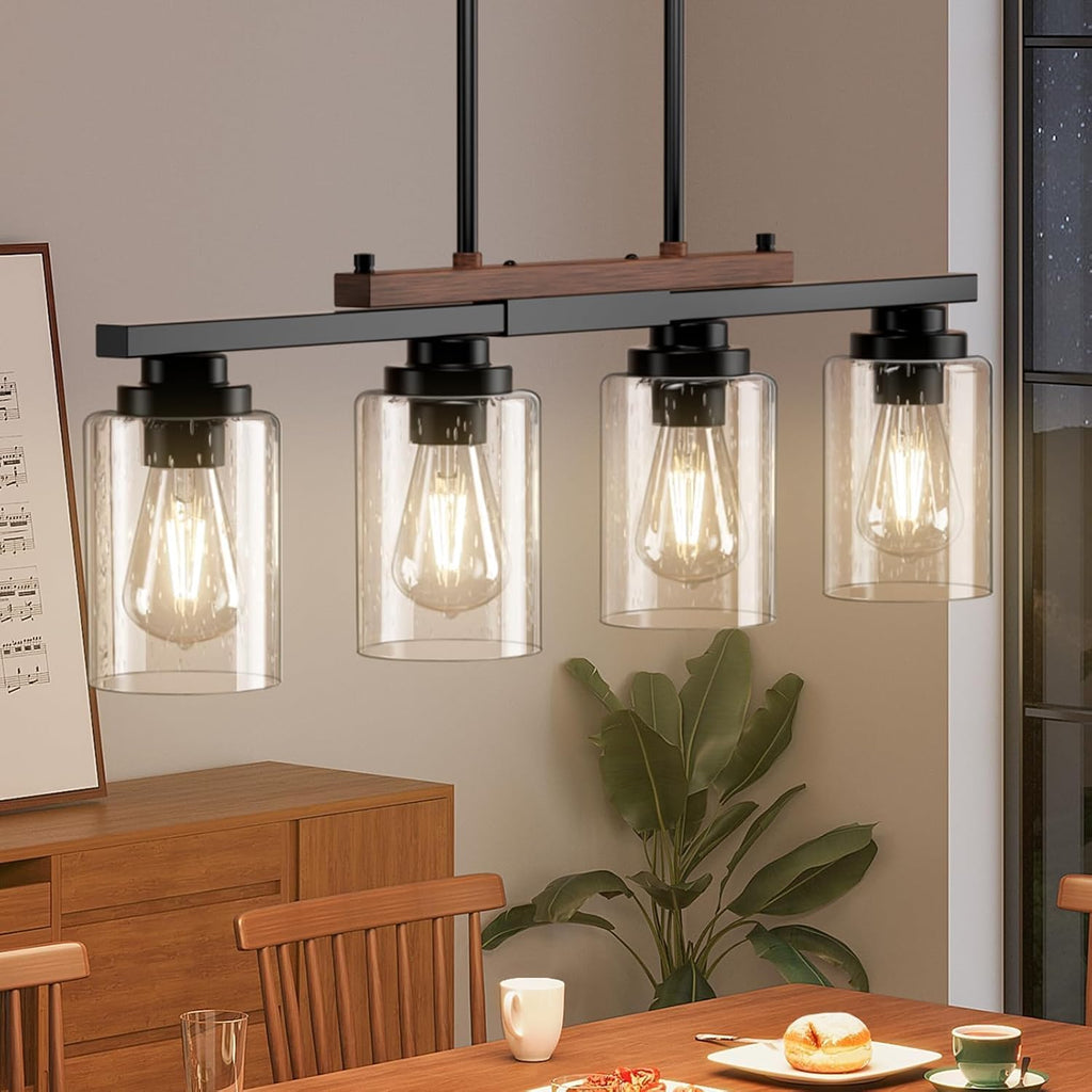 Dining Room Light Fixture 4-Light Kitchen Island Lighting with Adjustable Rods, Farmhouse Decor Black Metal & Wood