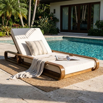 Teak Finish Acacia Wood Chaise Lounge - 1 Pcs Frame + 1 Pcs 4" 2-Fold Cream Water-Resistant Cushion, 400lbs Capacity