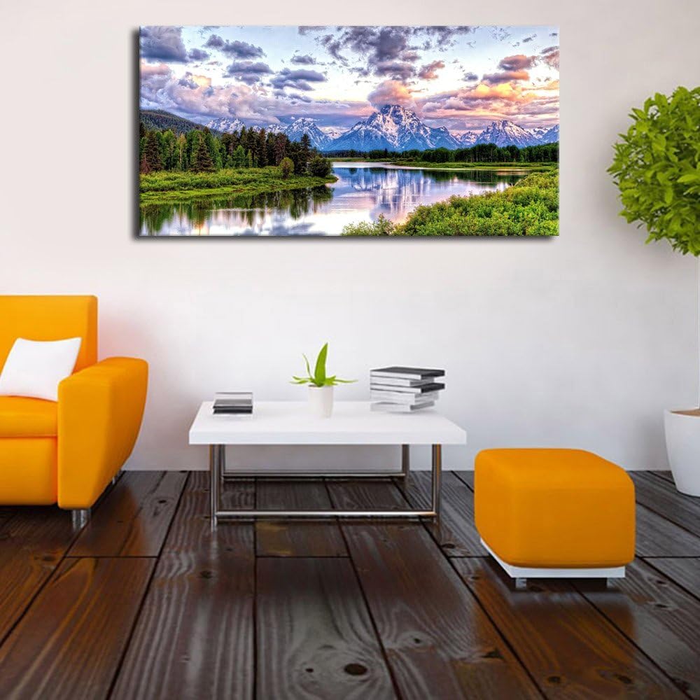 Landscape Canvas Wall Art Nature Picture Oxbow Bend Grand Teton National Park Modern Canvas Artwork River and Forest
