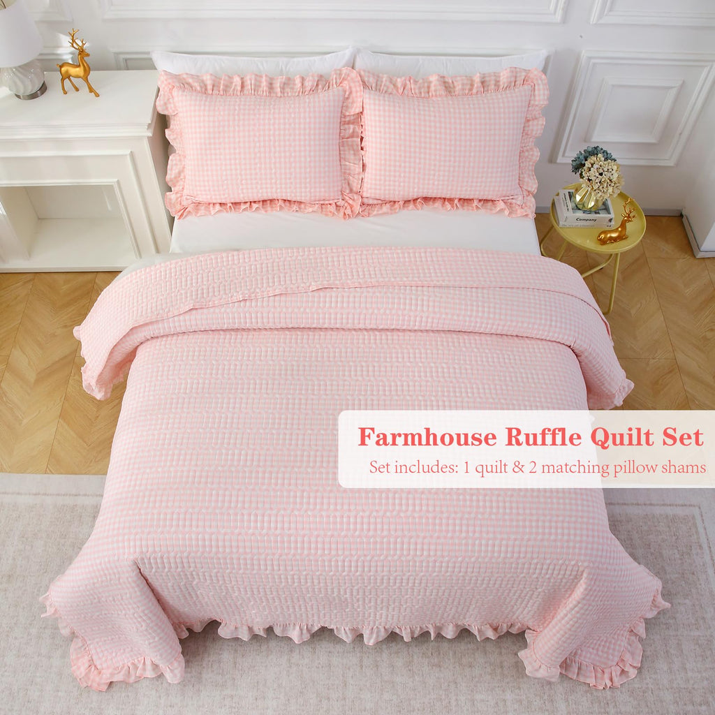 Blush White Ruffle Gingham Quilted Bedspread Set