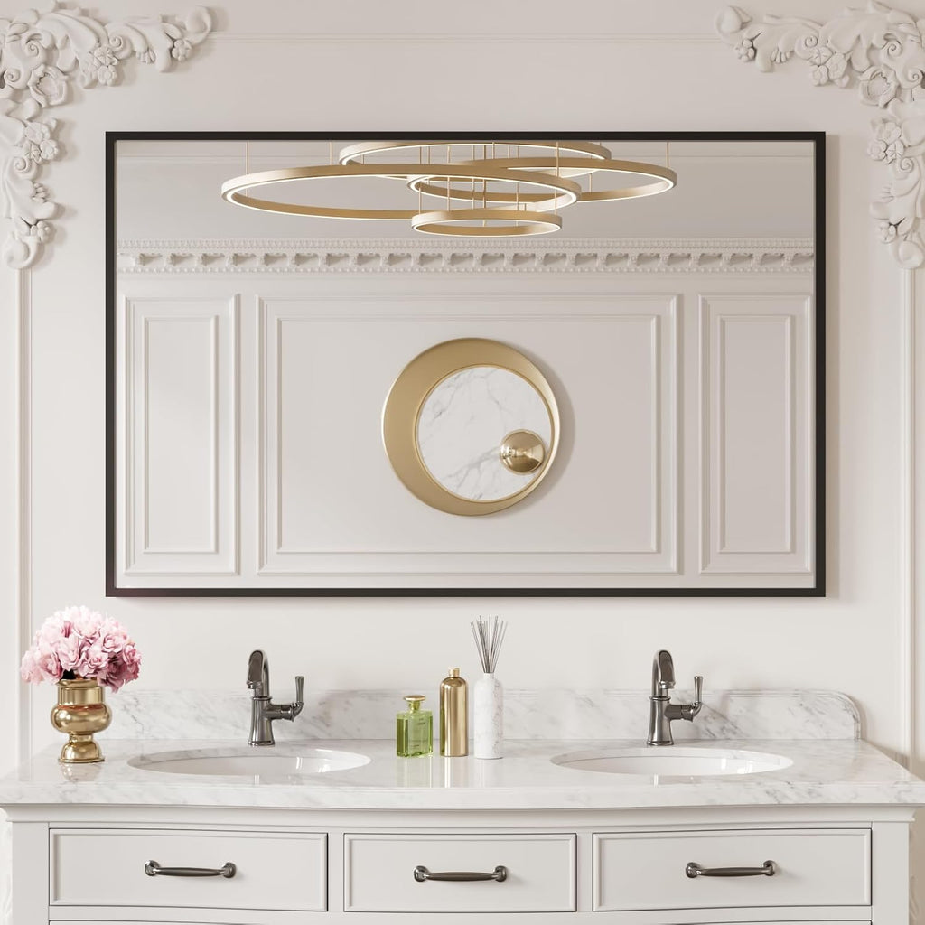 40"X30" Black Rectangle Bathroom Mirror Wall, Matte Black Aluminum Alloy Frame, Tempered Glass, Hangs Vertically or