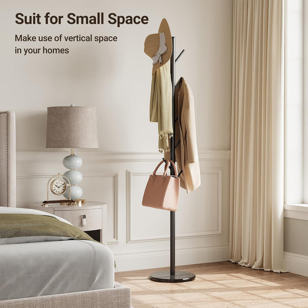 Coat Rack Freestanding, Metal Coat Rack with Natural Marble Base | 10 Hooks, 3 Adjustable Heights, Heavy Duty Coat