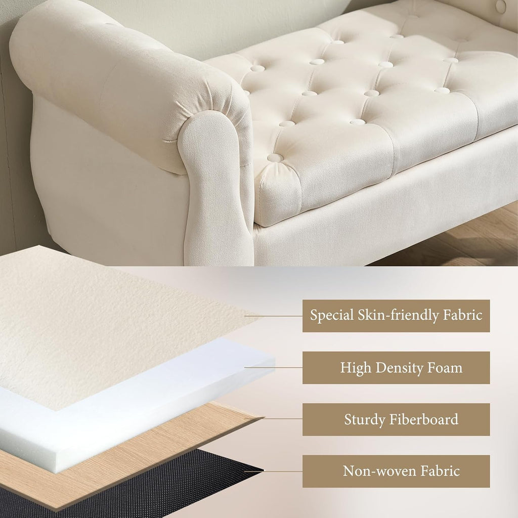 Storage Bench with Arms End of Bed Bench,Velvet Entryway Bench with Storage, Button Tufted Upholstered Ottoman Bench