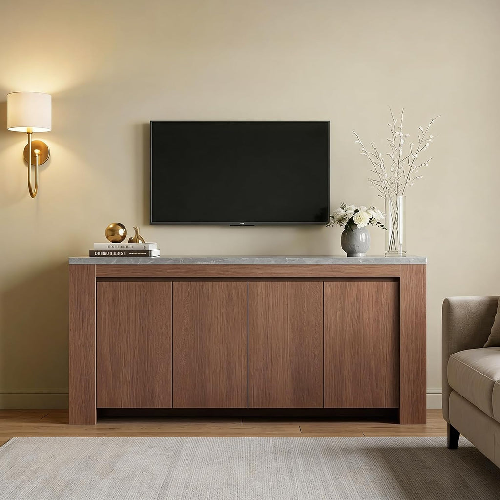 Buffet Cabinet with Storage, 63" Sideboard Buffet Accent Cabinet with Faux Marble Top & 4 Doors