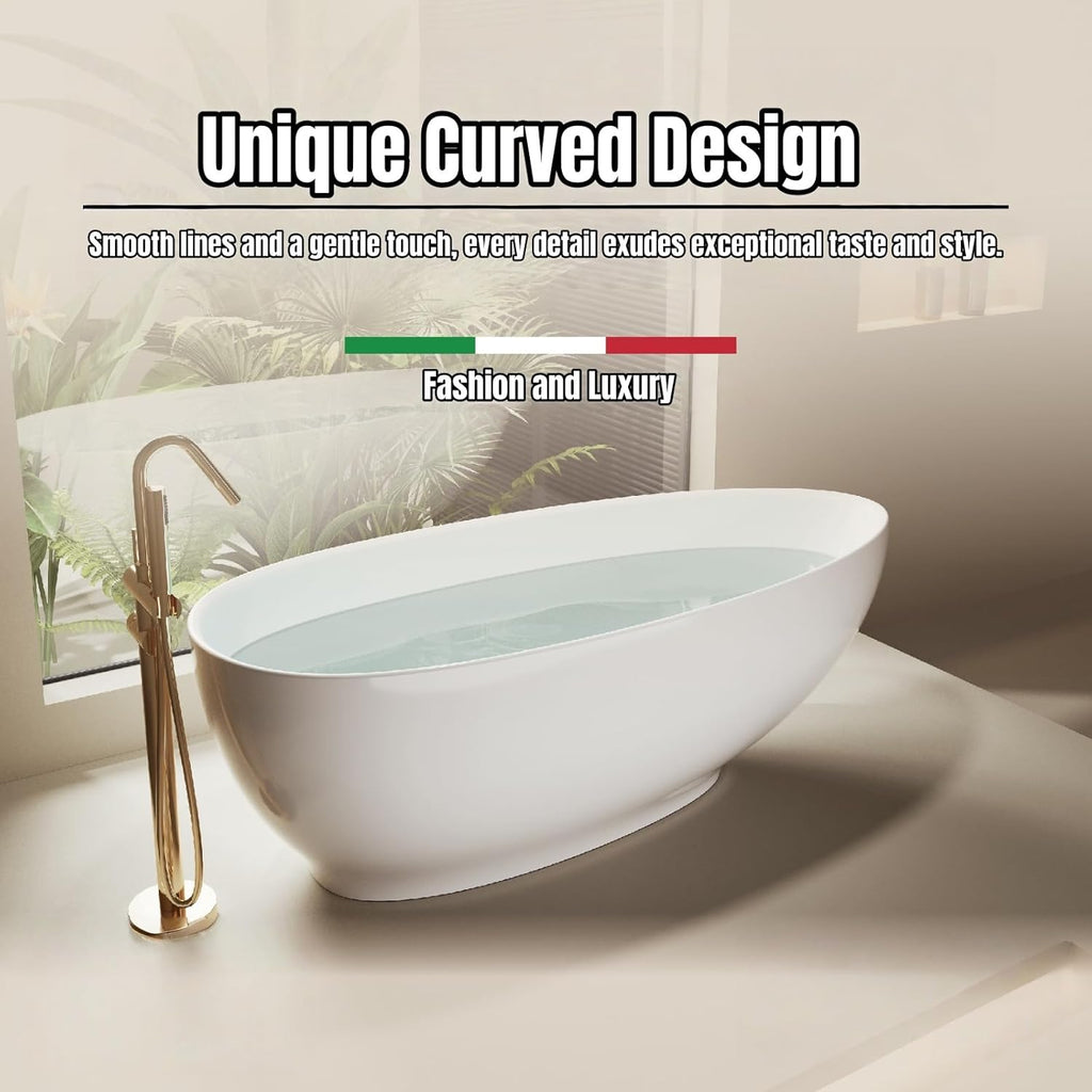 64" Edeyeu Freestanding Bathtub - Modern Artificial Stone Soaking Bathtub, Extra-Deep Freestanding Bathtub, Colored