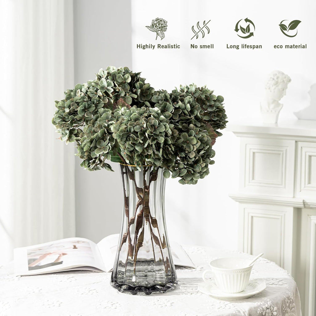 Hydrangea Artificial Flowers,Green Artificial Flower Fake Silk Hydrangea, Heads Bouquet with Stems Bulk for Fall