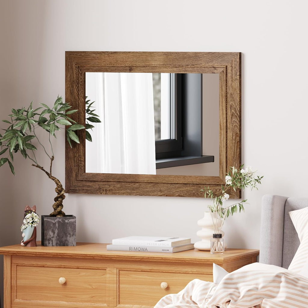Rustic Wall-Mounted Vanity Mirror, Solid Wood Frame Bathroom Mirror, Farmhouse Style, Horizontal/Vertical Hanging