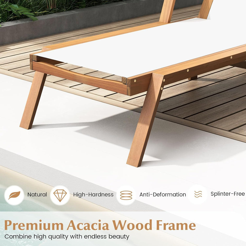 Wood Chaise Lounge Chair Outdoor, Patio Sun Lounger with Adjustable Back, Acacia Wood Lounge Chair with Breathable
