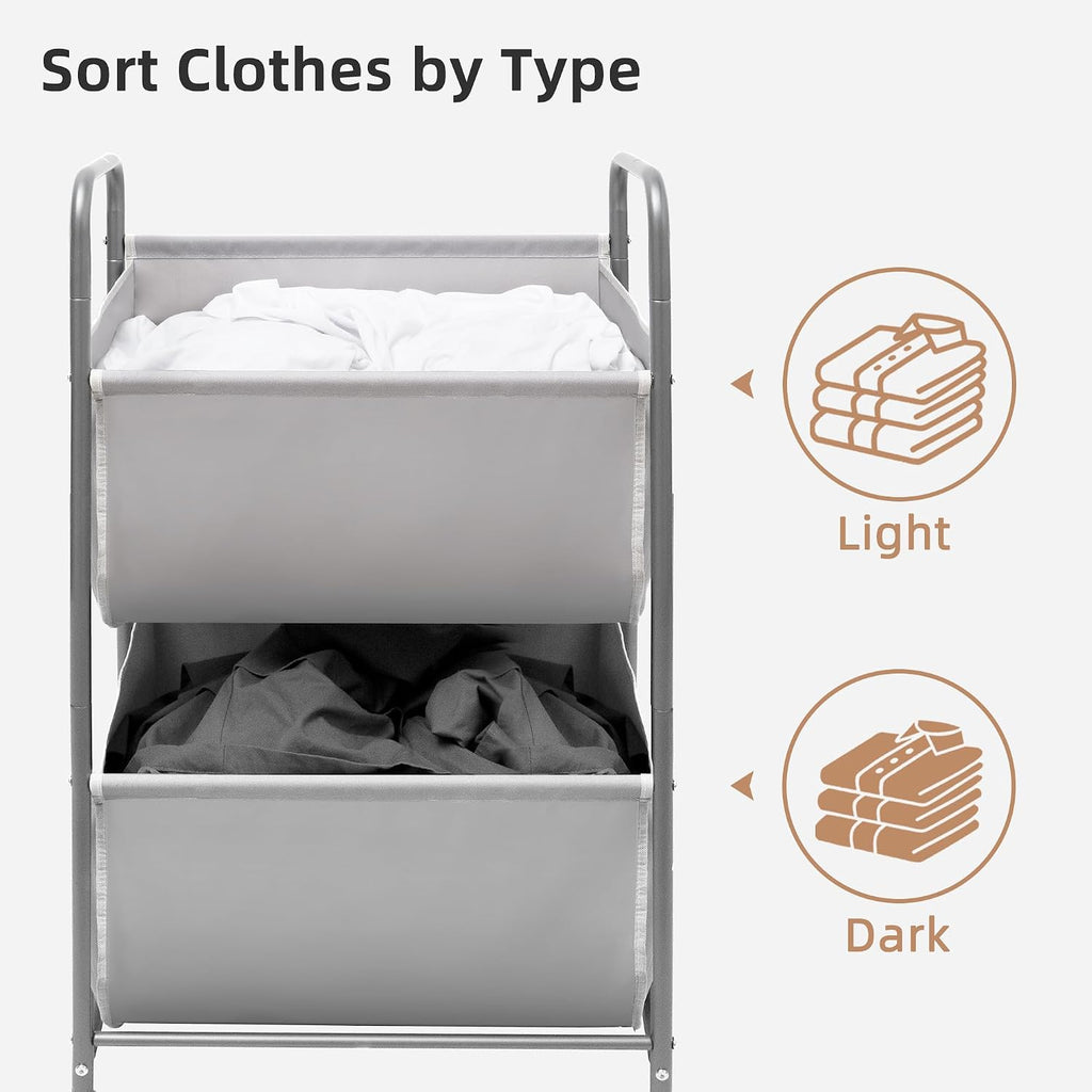 80 Liters Vertical Rolling Laundry Hamper, 2 Section Laundry Sorter with Wheels and 2 Breaks, 2-tier Laundry Baskets