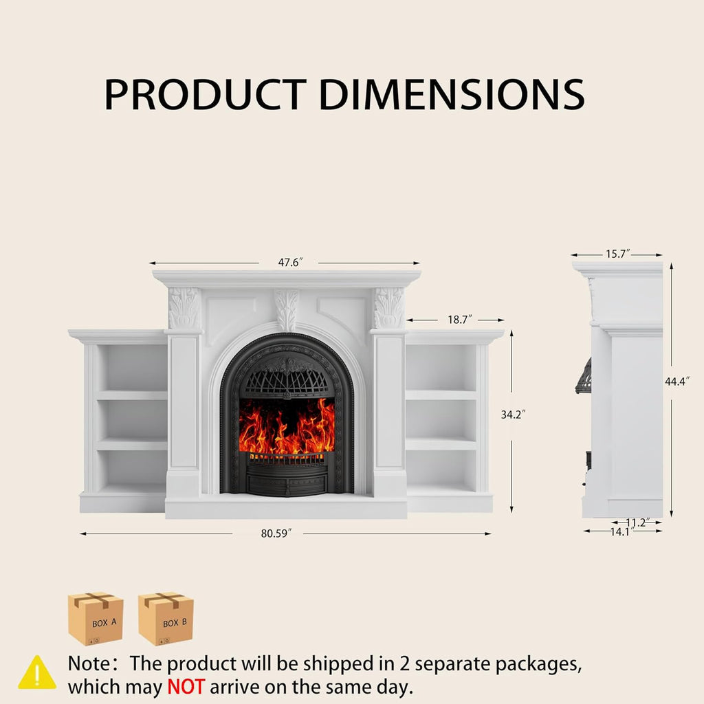 80 Inch Electric Fireplace TV Stand with Mantel, Birdcage-Style Fireplace Heater and Carved Column Design, Entertainment Center for Living Room or Bedroom, Black
