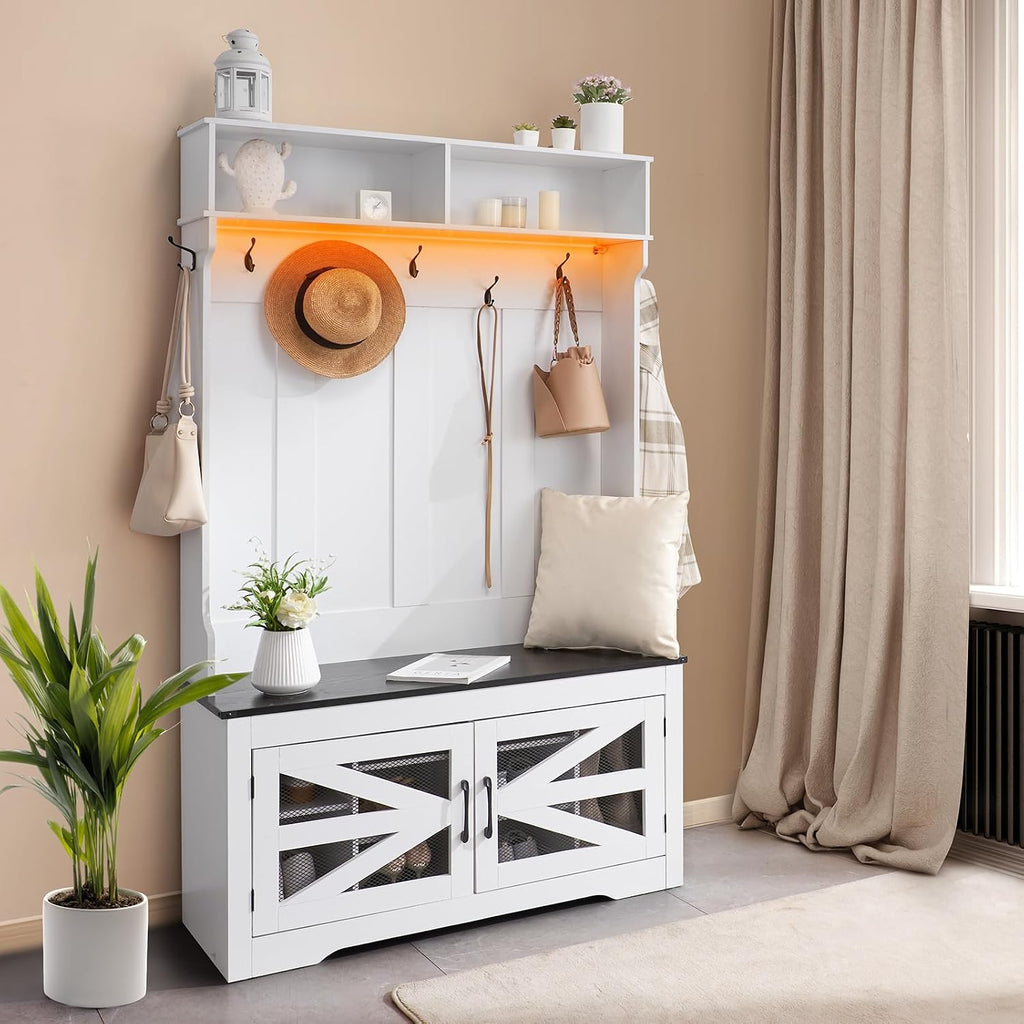Hall Tree Entryway Bench, LED Coat Rack with Shoe Storage, 42" Wide Mudroom Bench with Storage and Seating