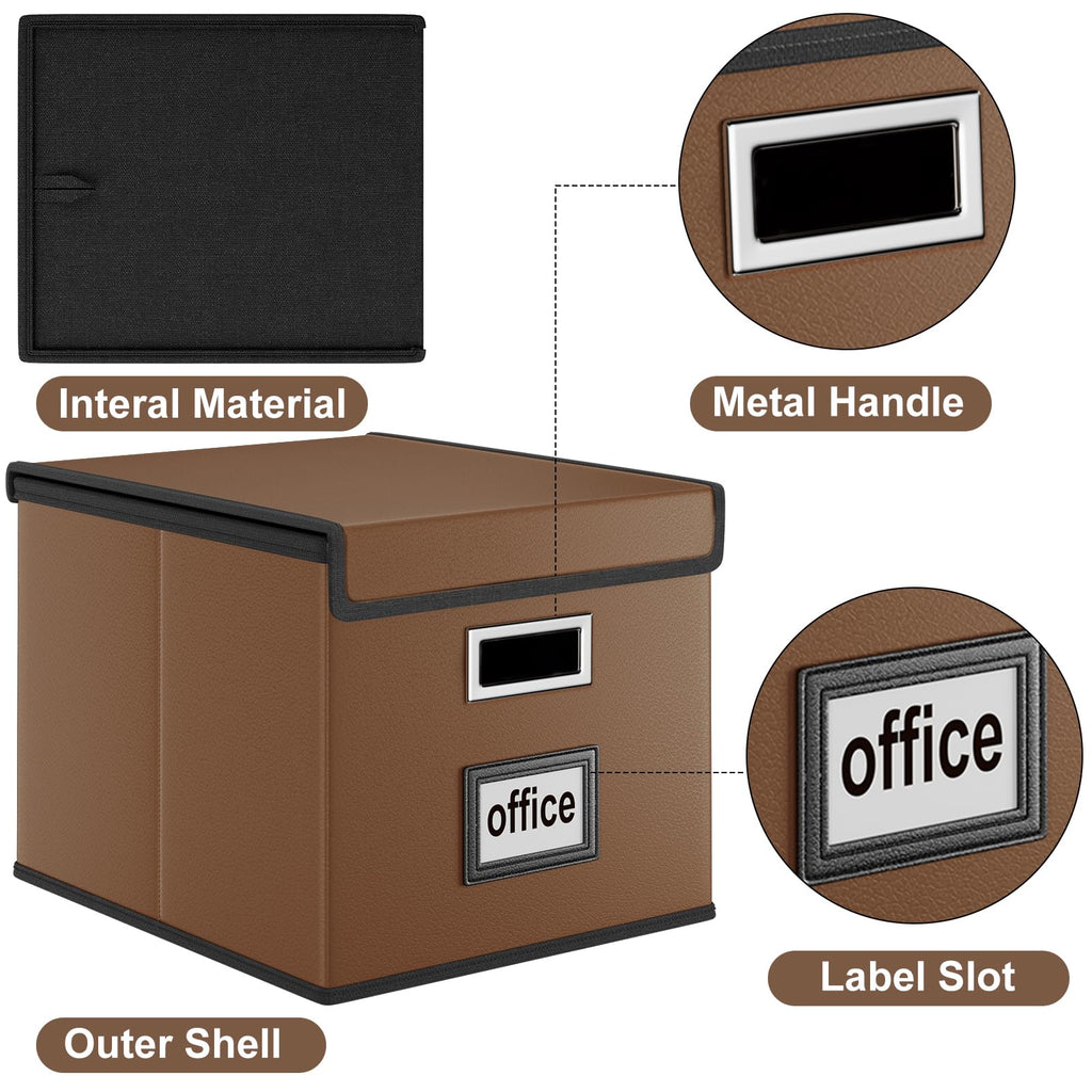 Foldable File Organizer Box with Lids (Brown, Leather)