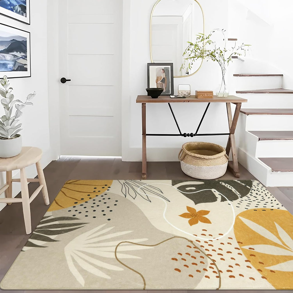 Boho Rug - 5 x 7 Area Rugs Washable Non-Slip Soft Bedroom Carpet Ultra-Thin Throw Tan Dining Room Rug, Botanical