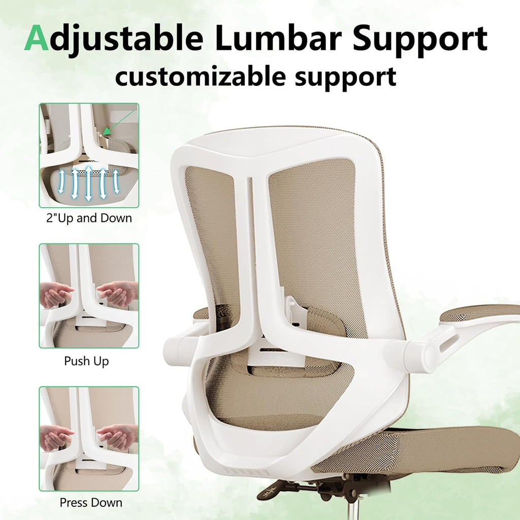Ergonomic with Lumbar Support, High Back Mesh Desk Chair with Flip-Up Arms, Adjustable Computer Task Chair, Khaki