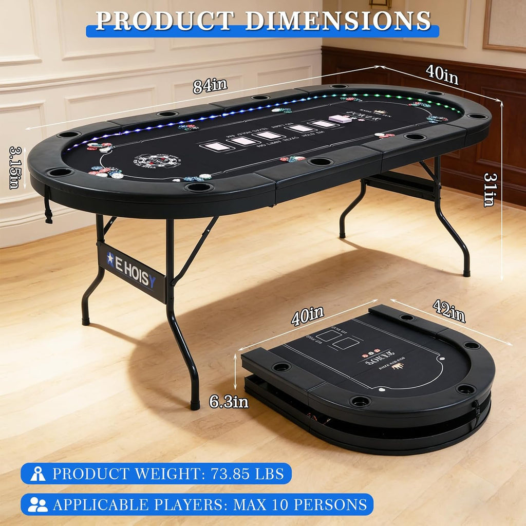 LED Poker Table for 10 Players, 84" Oval Foldable Texas Holdem Casino Table with Tri-Color LED Lights, Board Game