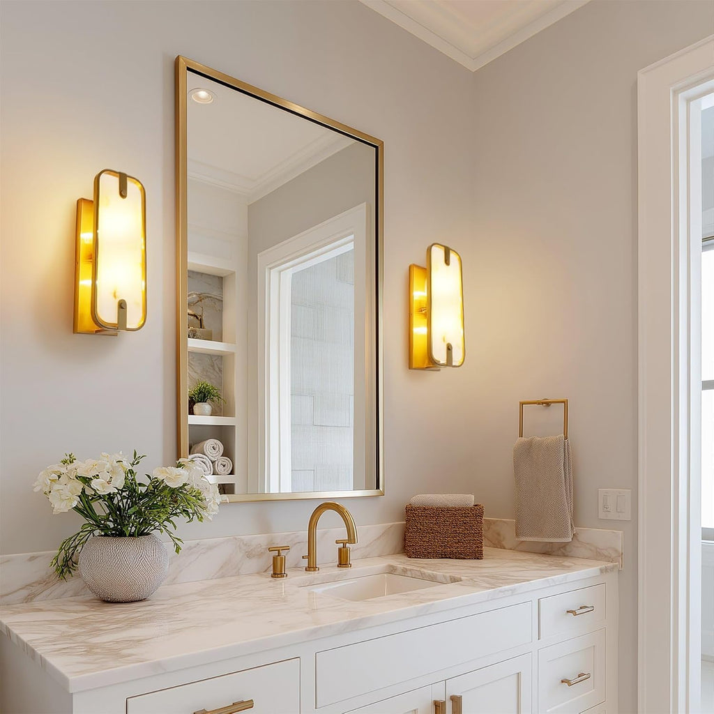 Casia 16" Modern Gold Faux Alabaster Wall Sconce, Gold Wall Light with Honed Resin Shade in Alabaster Finish