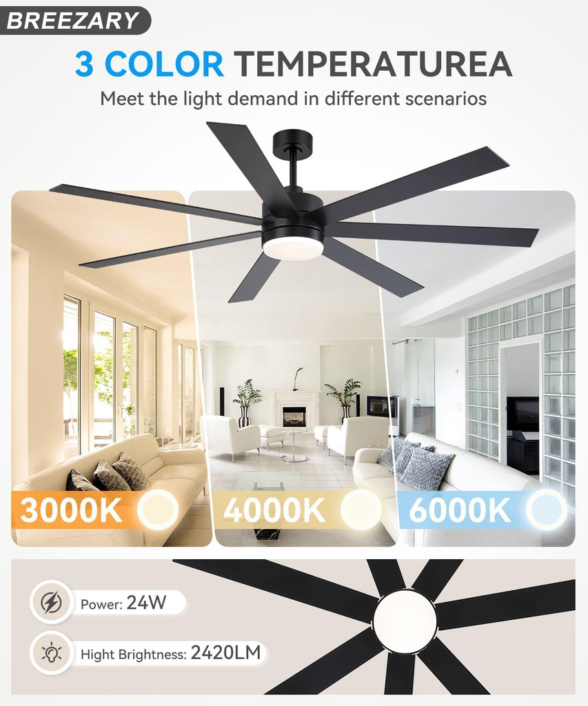 72 inch Large Ceiling Fans with Lights and Remote, 6-Speed Reversible DC Motor, 3 CCT, Dual Finish 7 Blades