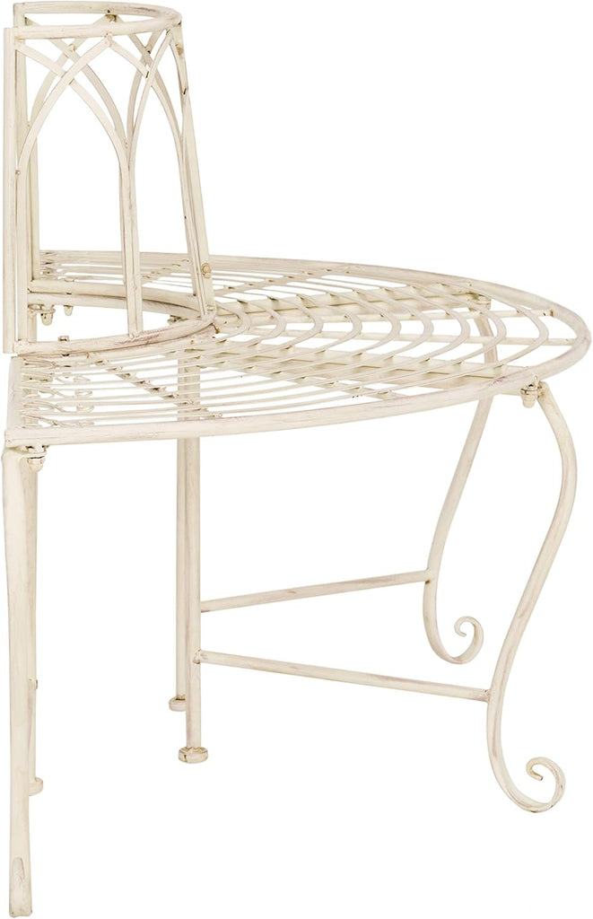 Outdoor - Abia Iron Tree Bench - Distressed White Iron Metal - Vintage Scrollwork Garden Design - Ideal , Deck
