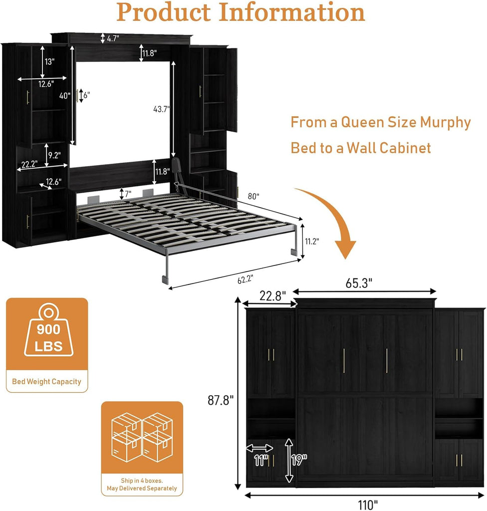 Queen Murphy Bed with 2 Storage Cabinet Shelves, Farmhouse Wood Hidden Foldable Wall Bed Frame, Space Saving Beds