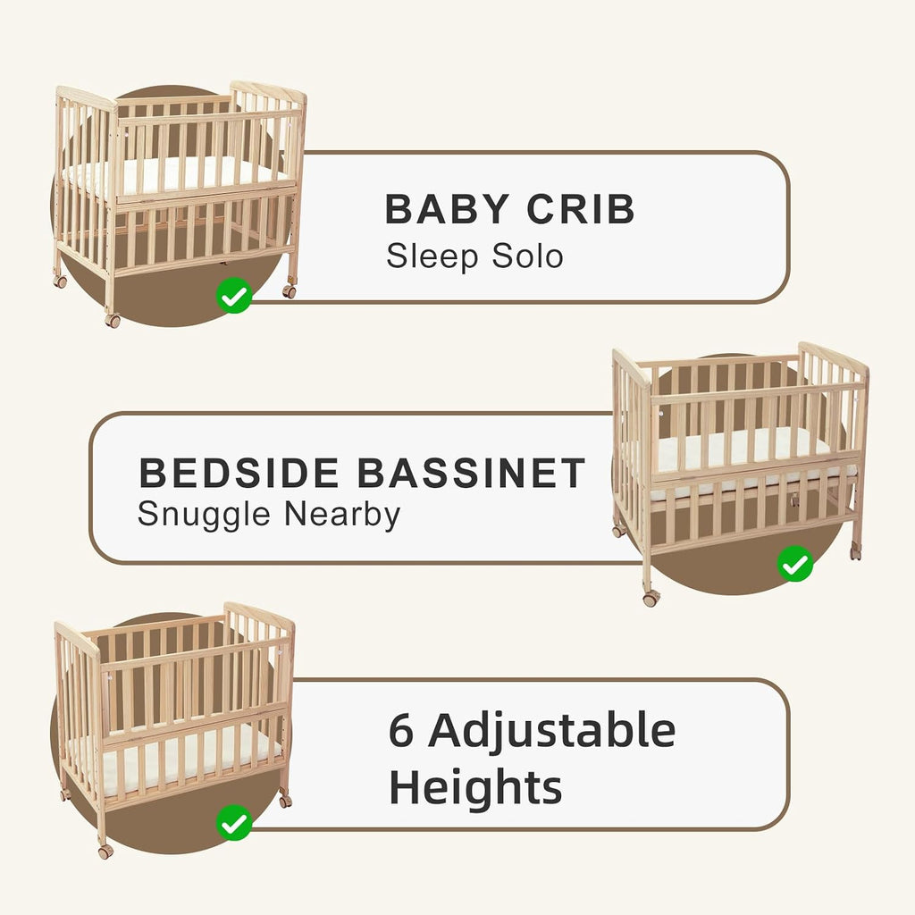 Baby Bassinet Bedside Sleeper,Portable Mini Baby Crib | Mattress Included,New Zealand Pine Wood,6 Adjustable