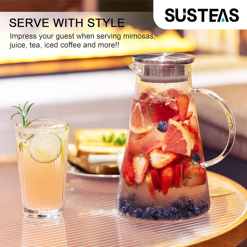2.0 Liter 68oz Glass Pitcher with Lid, Easy Clean Heat Resistant Glass Water Carafe with Handle for Hot/Cold