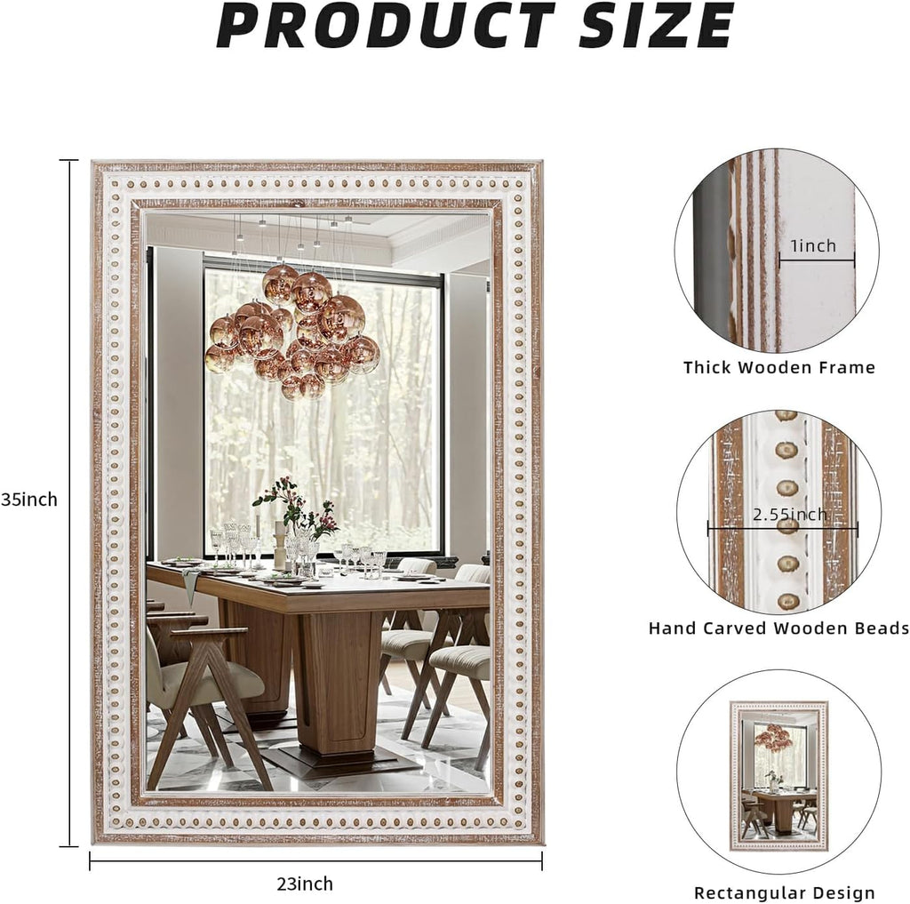 35x23 Inch Boho Wooden Rectangle Mirror , Rustic Farmhouse Decorative Wall Mirrors - Vertical or Horizontal Hanging