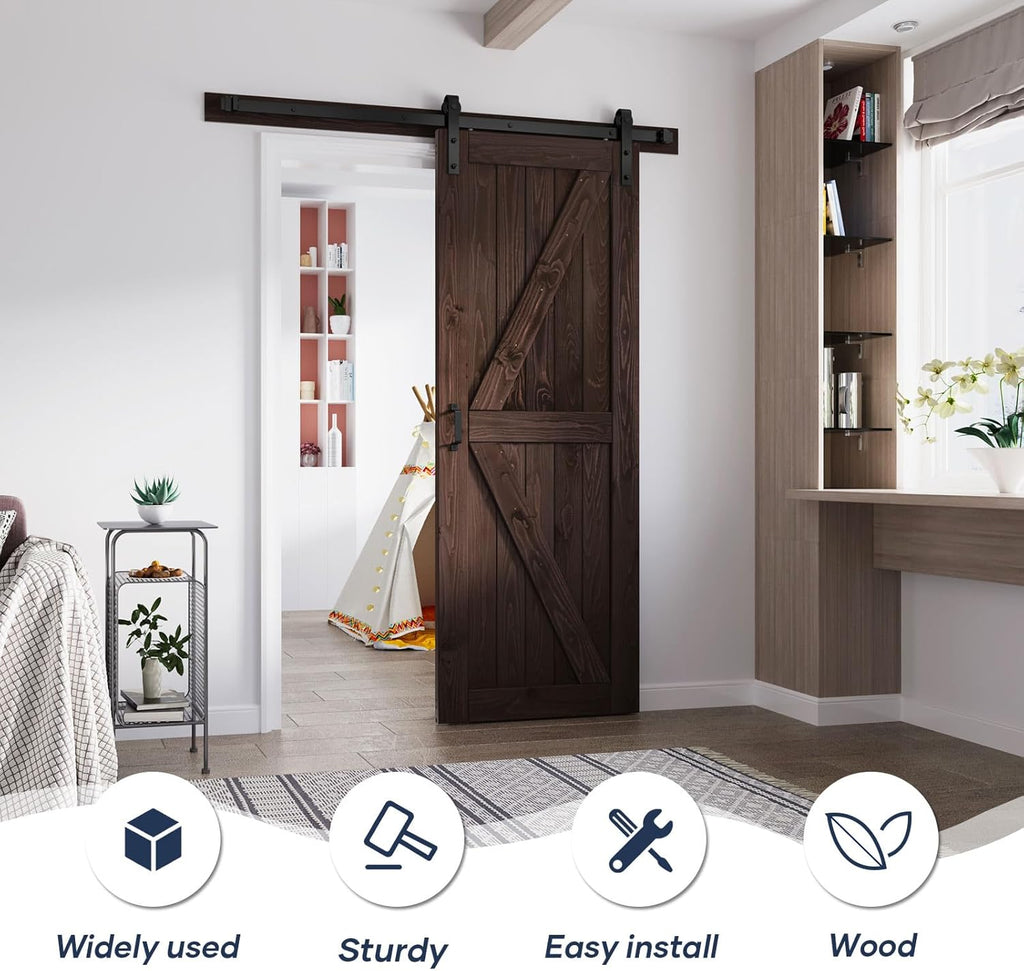 32in x 84in Brown Wood Barn Door with 5.5ft Barn Door Hardware Track Kit Included, Double Surfaces,S