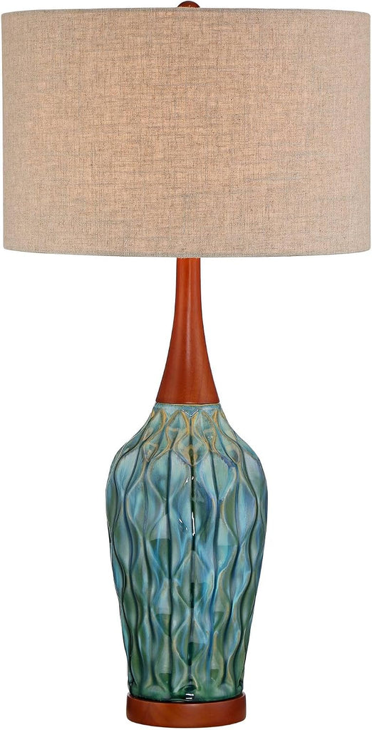 Rocco Mid Century Modern Table Lamp 30" Tall Ceramic Blue Teal Glaze Wood Handmade Linen Drum Shade Cottage Core Decor