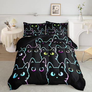 Kids Bedding Cartoon Cat Comforter Set Twin,Gradient Line Cute Cat Bedding Set for Teens Boys Girls Adults Room - Set of 3