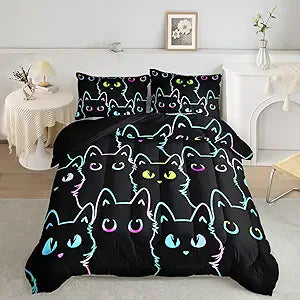 Kids Bedding Cartoon Cat Comforter Set Twin,Gradient Line Cute Cat Bedding Set for Teens Boys Girls Adults Room - Set of 3