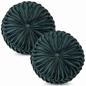 Round Velvet Pillow for Couch Small Handmade Decorative Throw Pillow for Bed Bedroom 13.7" Set of 2, Dark Green