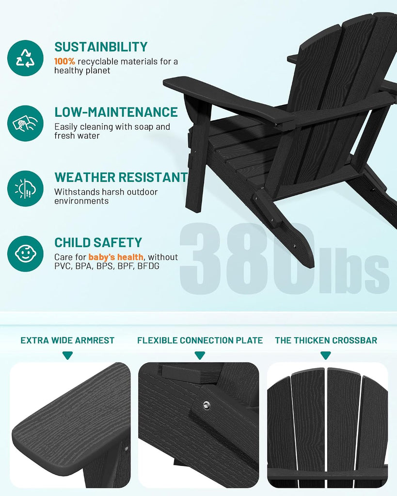 Adirondack Chair Set of 2, Fire Pit Chairs with Cup Holder, Black | Wood-Grain Fade-Proof, Ergonomic, Foldable