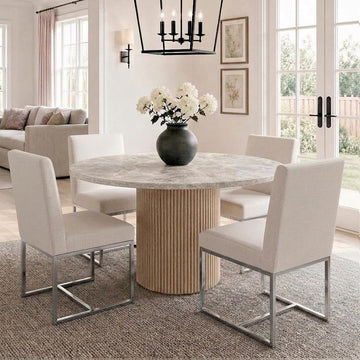 Modern Dining Chairs Set of 4, Upholstered Linen Dining Room Chairs with Ergonomic Back & Polished Silver Metal Frame
