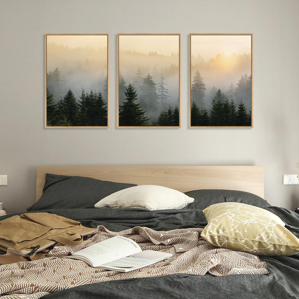 Misty Forest Wall Art Canvas Set, Framed Mountain Wall Decor, 3 Piece Nature Wall Painting, Foggy Pine Tree Landscape