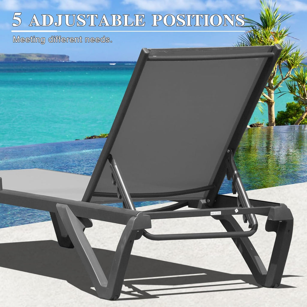 Pool Lounge Chairs Set of 2, Aluminum Adjustable Outdoor Chaise Lounge with Wheels, All Weather Outdoor Lounge