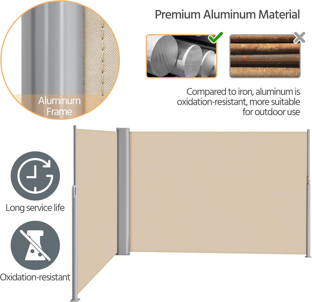 236x71in Double Retractable Side Awning Privacy Screen Beige | Dual-side retractable design, fits concrete & wood