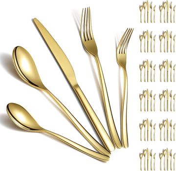 Gold Silverware Set 60 Pieces Service for 12, Golden Titanium Plating Stainless Steel Flatware Set