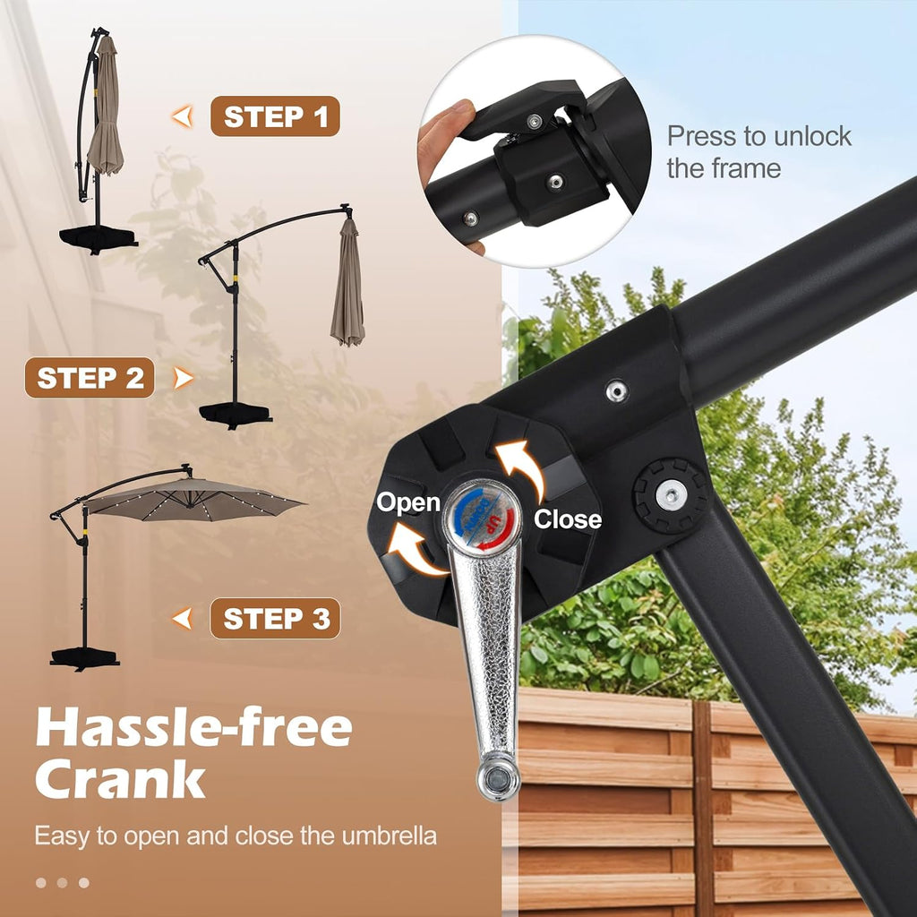 10ft Solar Patio Umbrella with Base Included, Offset Cantilever Outdoor Umbrella with 32 LED Lights