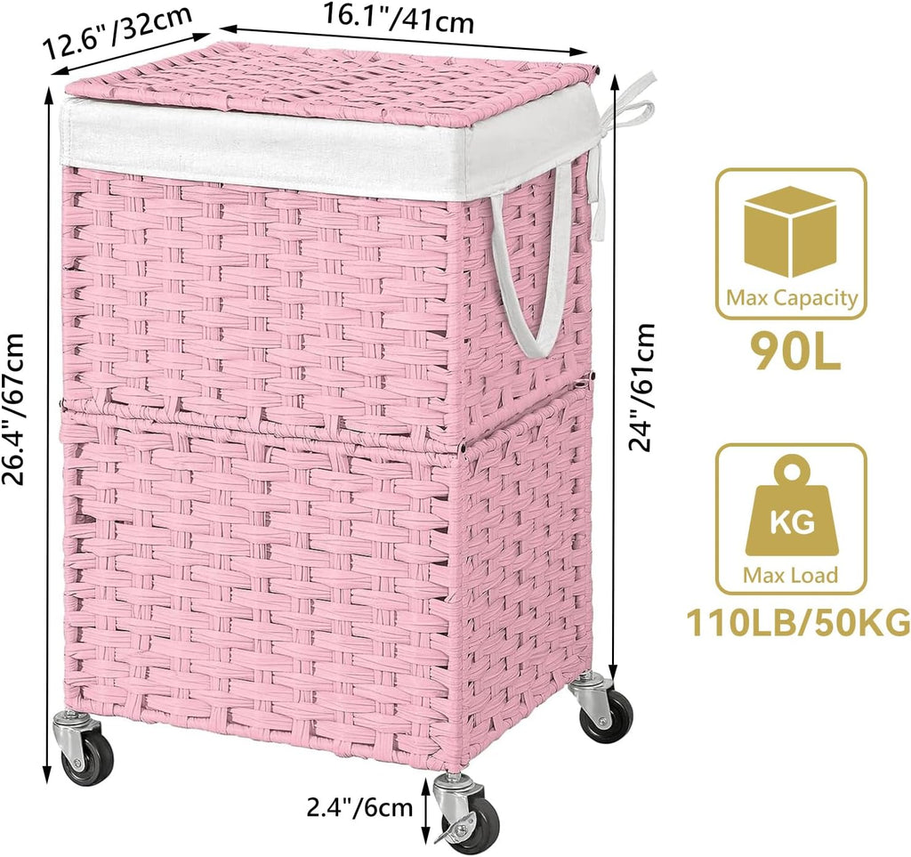 Wicker Laundry Basket with Wheels,Rolling Laundry Hamper with Lid | 90L Slim Clothes Hamper with Wheels & Removable