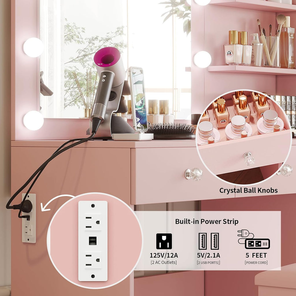 47" Vanity with Outlet - Makeup Vanity Desk with Mirror, Storage Shelves and 6 Drawers, 3-Color Light, Makeup Desk