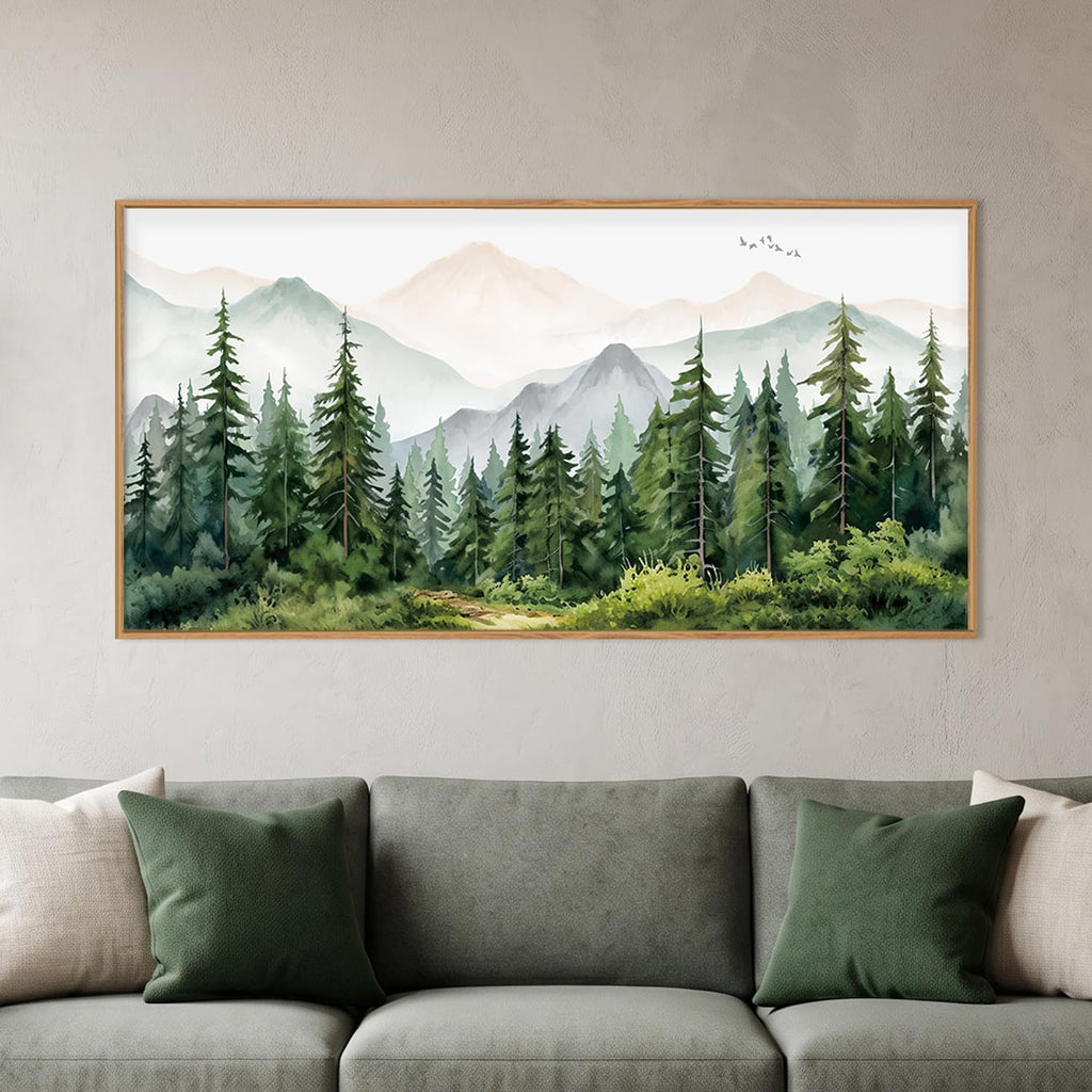 Green Forest Tree Mountain Range Framed Canvas Wall Art, Watercolor Nature Wall Decor, Woodland Nursery Wall