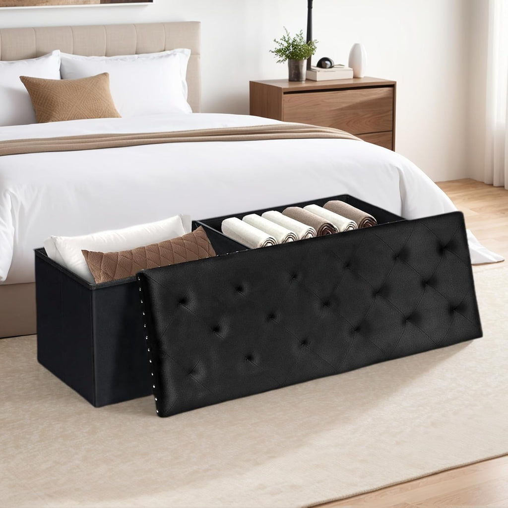 Velvet Storage Ottoman Bench, 43.3" Upholstered Tufted Ottoman with Storage, Folding Footrest Bench , or Entryway