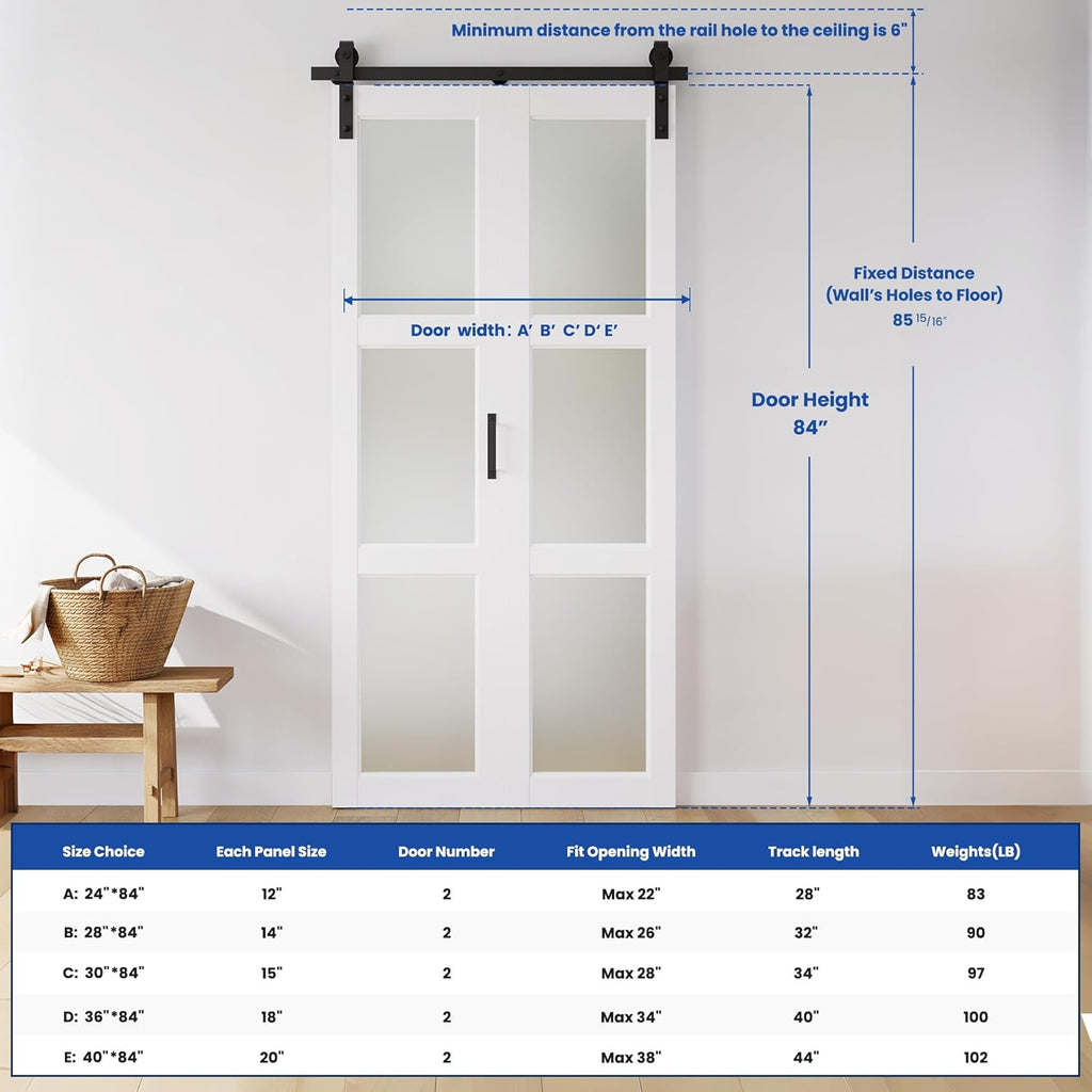 36in x 84in Bifold Barn Door, Frosted Glass Barn Door with Hardware Kit Included, Pre-Drilled Holes 